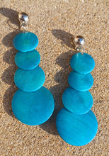 Load image into Gallery viewer, Bright turquoise wooden dangle earrings clip on Kargo Fresh
