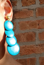 Load image into Gallery viewer, Bright turquoise wooden dangle earrings clip on Kargo Fresh
