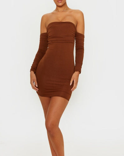 Brown Bardot Sleeve Body Con Mini Dress US6 Kargo Fresh