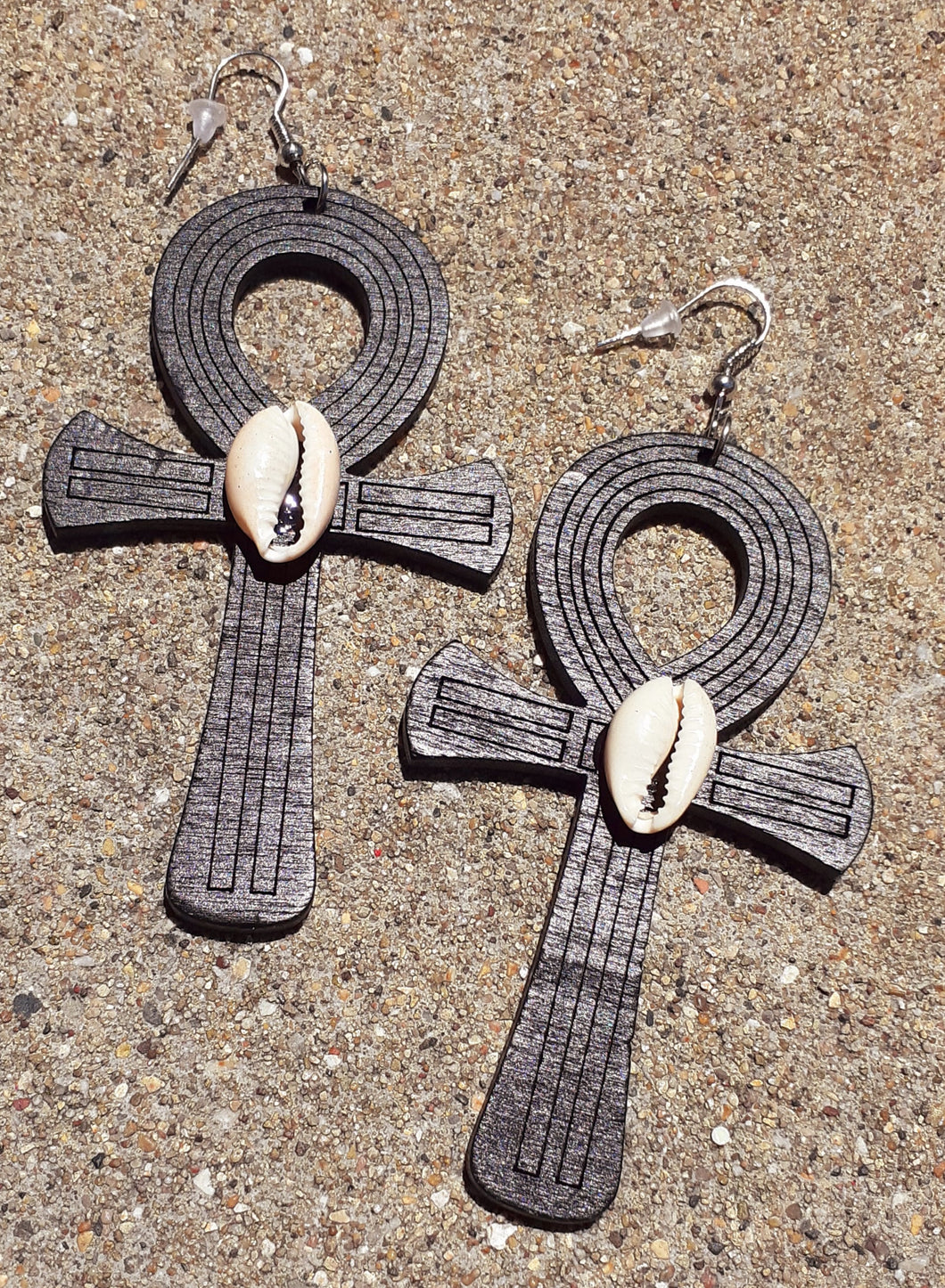 Carved Wood and Cowrie Shell Ankh Earrings Kargo Fresh