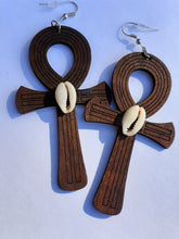 Load image into Gallery viewer, Carved Wood and Cowrie Shell Ankh Earrings Kargo Fresh
