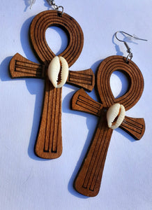 Carved Wood and Cowrie Shell Ankh Earrings Kargo Fresh