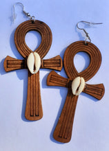 Load image into Gallery viewer, Carved Wood and Cowrie Shell Ankh Earrings Kargo Fresh
