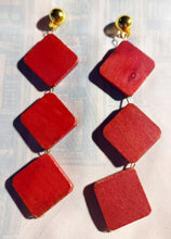 Load image into Gallery viewer, Classic red wooden square dangle clip on earrings Kargo Fresh

