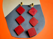 Load image into Gallery viewer, Classic red wooden square dangle clip on earrings Kargo Fresh

