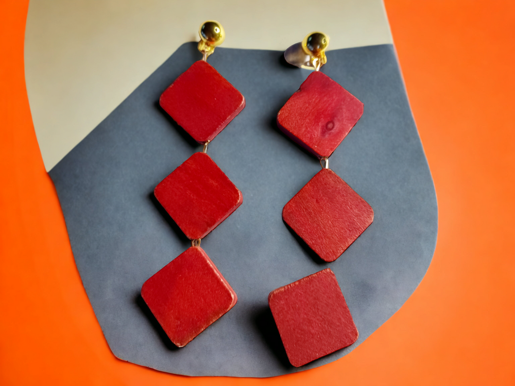 Classic red wooden square dangle clip on earrings Kargo Fresh