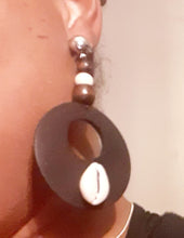 Load image into Gallery viewer, Clip On handmade Afrocentric wood and cowrie  Dangle Earrings Kargo Fresh
