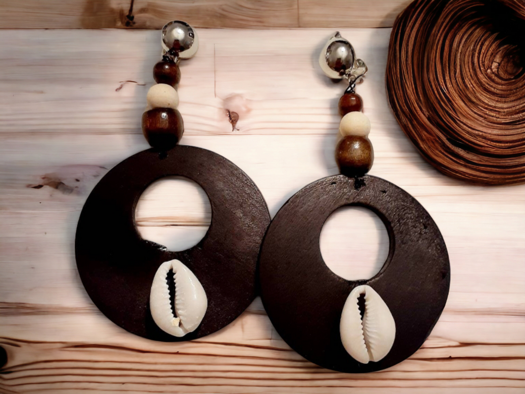 Clip On handmade Afrocentric wood and cowrie  Dangle Earrings Kargo Fresh