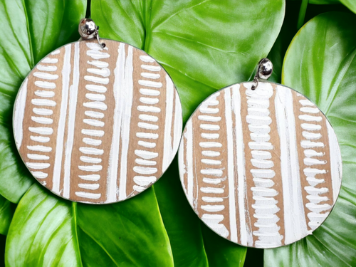 Clip on Abstract handpainted Mudcloth print Wooden Earrings Kargo Fresh