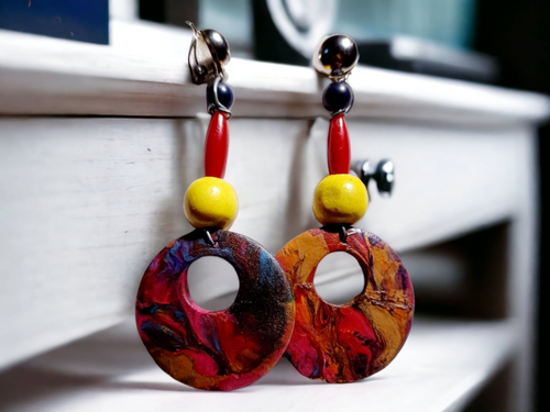 Clip on Abstract handpainted Wooden Earrings Kargo Fresh