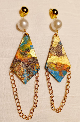 Clip on Abstract handpainted wooden  dangle Earrings Kargo Fresh