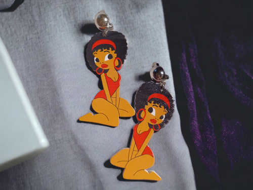 Clip on Black Betty Boop Wooden Afrocentric Earrings Kargo Fresh