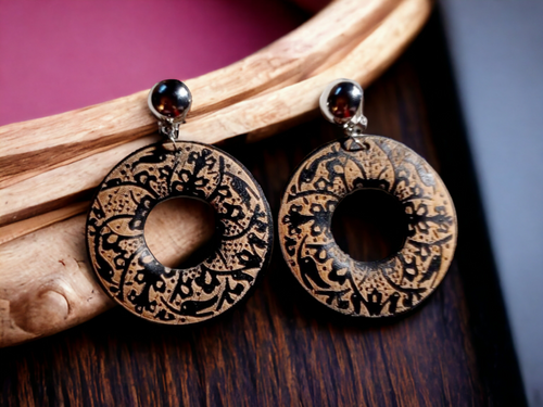 Clip on Boho Style Carved Wooden Hoop Earrings Kargo Fresh