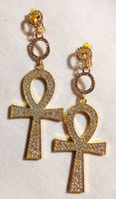 Load image into Gallery viewer, Clip on Gold Metal and Rhinestone Ankh Clip On  Earrings Kargo Fresh
