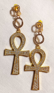 Clip on Gold Metal and Rhinestone Ankh Clip On  Earrings Kargo Fresh