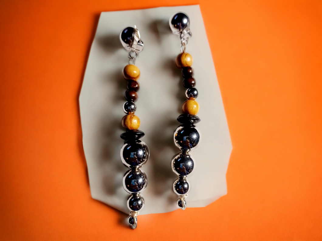Clip on Long Metal and wood Ball Dangle Earrings Kargo Fresh