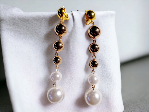 Clip on Long gold Ball and faux pearl Dangle Earrings Kargo Fresh
