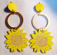 Load image into Gallery viewer, Clip on Wooden Sunflower Art Leaf Earrings Kargo Fresh
