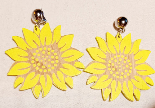 Clip on Wooden Sunflower Art Leaf Earrings Kargo Fresh