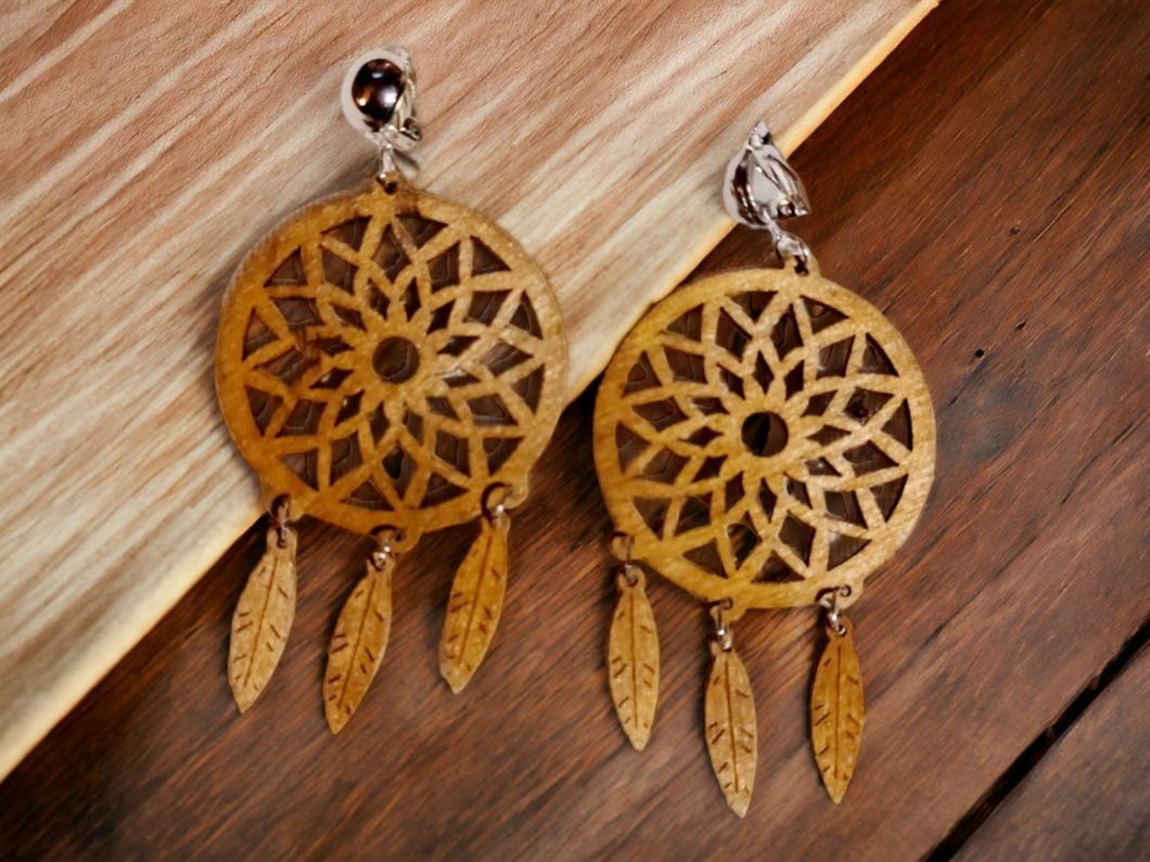 Clip on Wooden dream catcher earrings Kargo Fresh