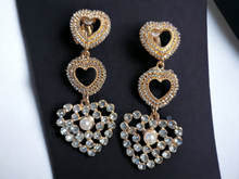 Load image into Gallery viewer, Clip on rhinestone heart earrings handmade 4 inch Kargo Fresh
