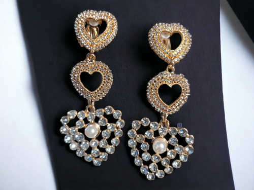 Clip on rhinestone heart earrings handmade 4 inch Kargo Fresh