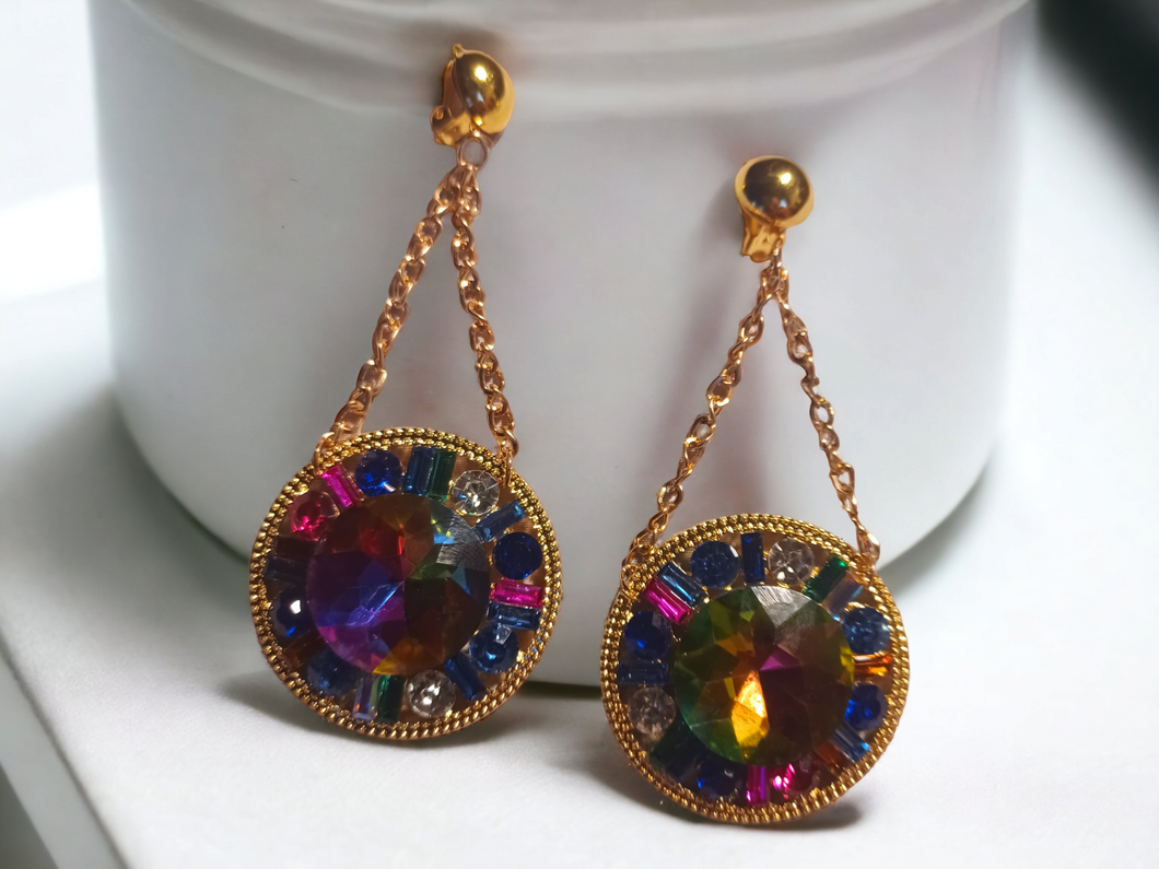 Colorful rhinestone medallion clip on earrings Kargo Fresh