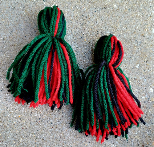 Extra Large Handmade Yarn Tassel Earrings red black green Kargo Fresh