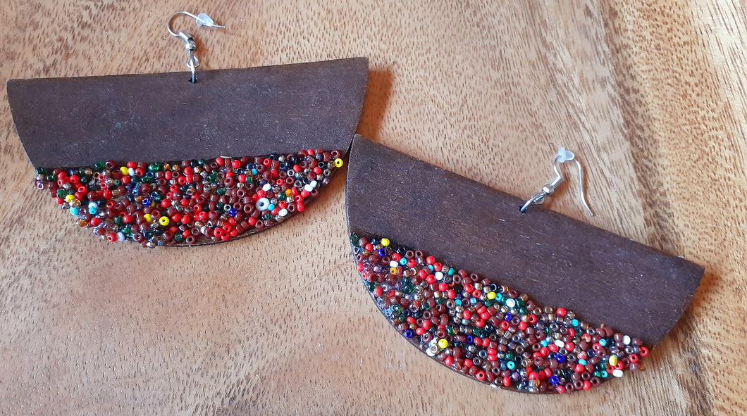 Extra large Handmade Seed Bead Wooden Disc Earrings Kargo Fresh