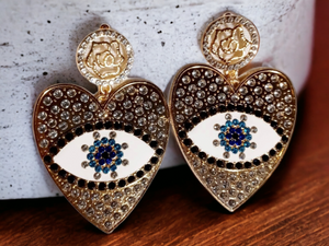 Extra large blingy runway heart and evil eye earrings Kargo Fresh