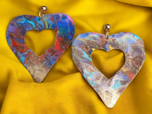 Giant Abstract Handpainted Wooden Heart Clip on  Earrings Kargo Fresh