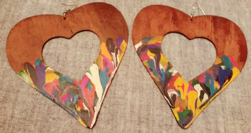 Giant Abstract Handpainted Wooden Heart Earrings Kargo Fresh