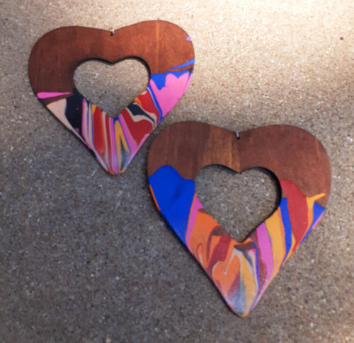 Giant Abstract Handpainted Wooden Heart Earrings Kargo Fresh