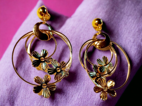 Gold Abstract Hoop with Flowers design Clip On Earrings Kargo Fresh