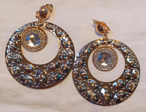 Gold Blingy Hammered Disc Clip on Earrings 3 inch Kargo Fresh