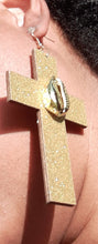 Load image into Gallery viewer, Gold Glitter Wooden Cross Dangle Earrings Kargo Fresh
