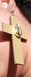 Gold Glitter Wooden Cross Dangle Earrings Kargo Fresh