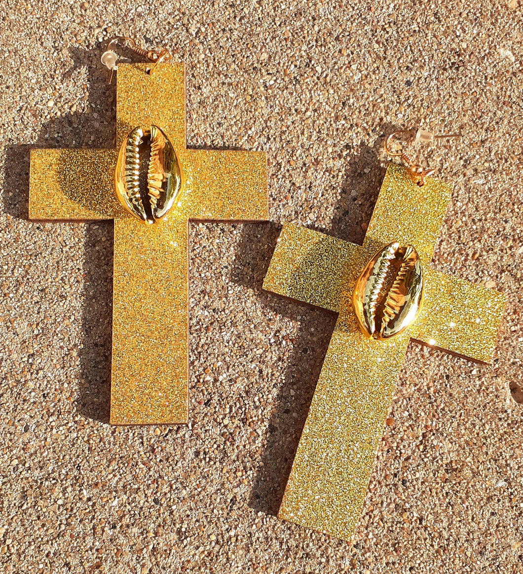 Gold Glitter Wooden Cross Dangle Earrings Kargo Fresh