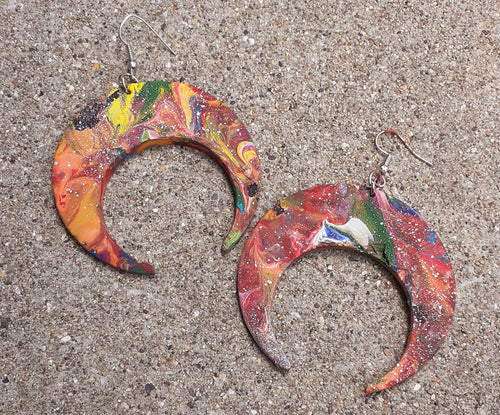Hand carved  handpainted Crescent Moon Earrings Kargo Fresh