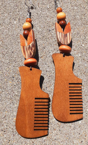 Handmade Natural Wood Afro Comb Earrings Kargo Fresh