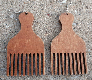 Handmade Natural Wood Afro Pick Earrings Kargo Fresh