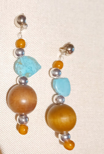 Handmade Natural Wood and Genuine Turquoise Clip On Earrings Kargo Fresh