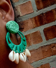 Load image into Gallery viewer, Handmade Raffia and Cowrie Shell Clip On Earrings Kargo Fresh
