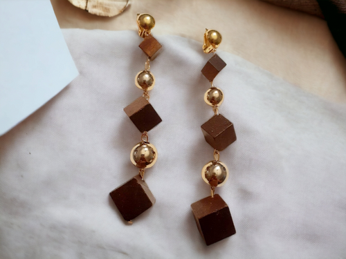 Handmade Wooden Cube Square  Clip Earrings Kargo Fresh