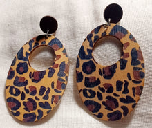 Load image into Gallery viewer, Handmade abstract animal print wooden hoop Clip on  earrings Kargo Fresh

