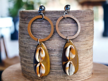 Load image into Gallery viewer, Handmade boho cowrie and wood clip on earrings Kargo Fresh
