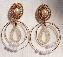 Load image into Gallery viewer, Handmade gold faux pearl and rhinestone hoop clip ons Kargo Fresh

