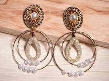 Load image into Gallery viewer, Handmade gold faux pearl and rhinestone hoop clip ons Kargo Fresh
