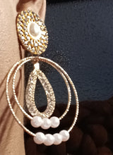 Load image into Gallery viewer, Handmade gold faux pearl and rhinestone hoop clip ons Kargo Fresh
