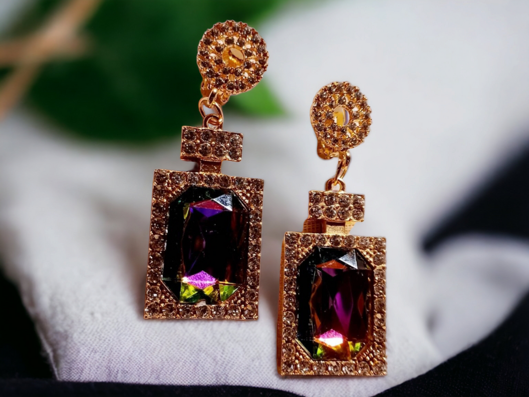 Handmade rhinestone Perfume bottle dangle clip on earrings Kargo Fresh